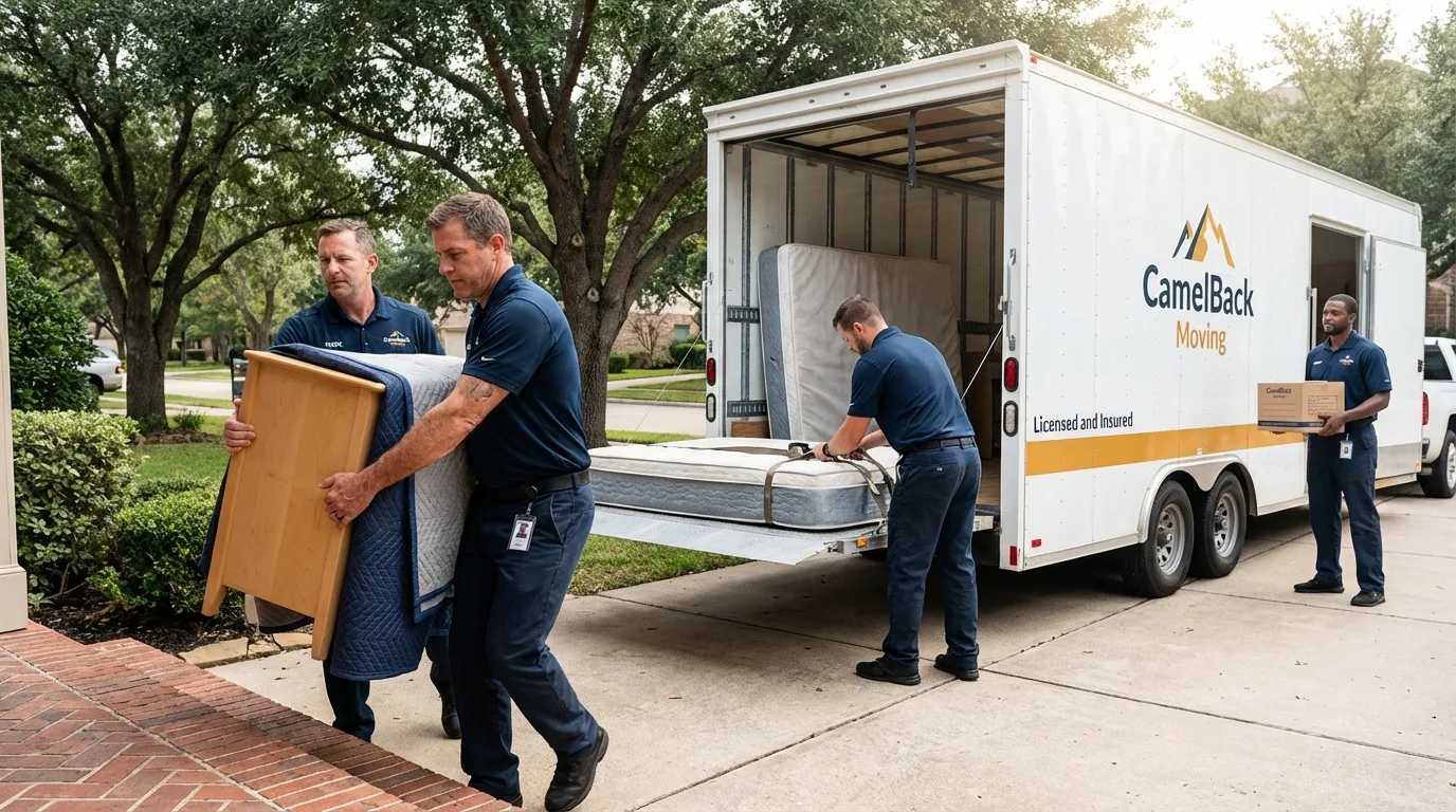 Crew loading residential truck for cross-state move from Yale, OK
