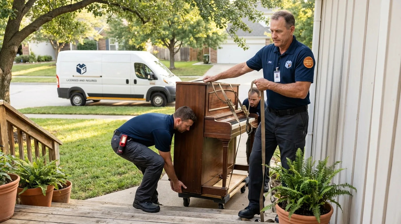 Licensed piano movers securing grand piano in Yale, OK