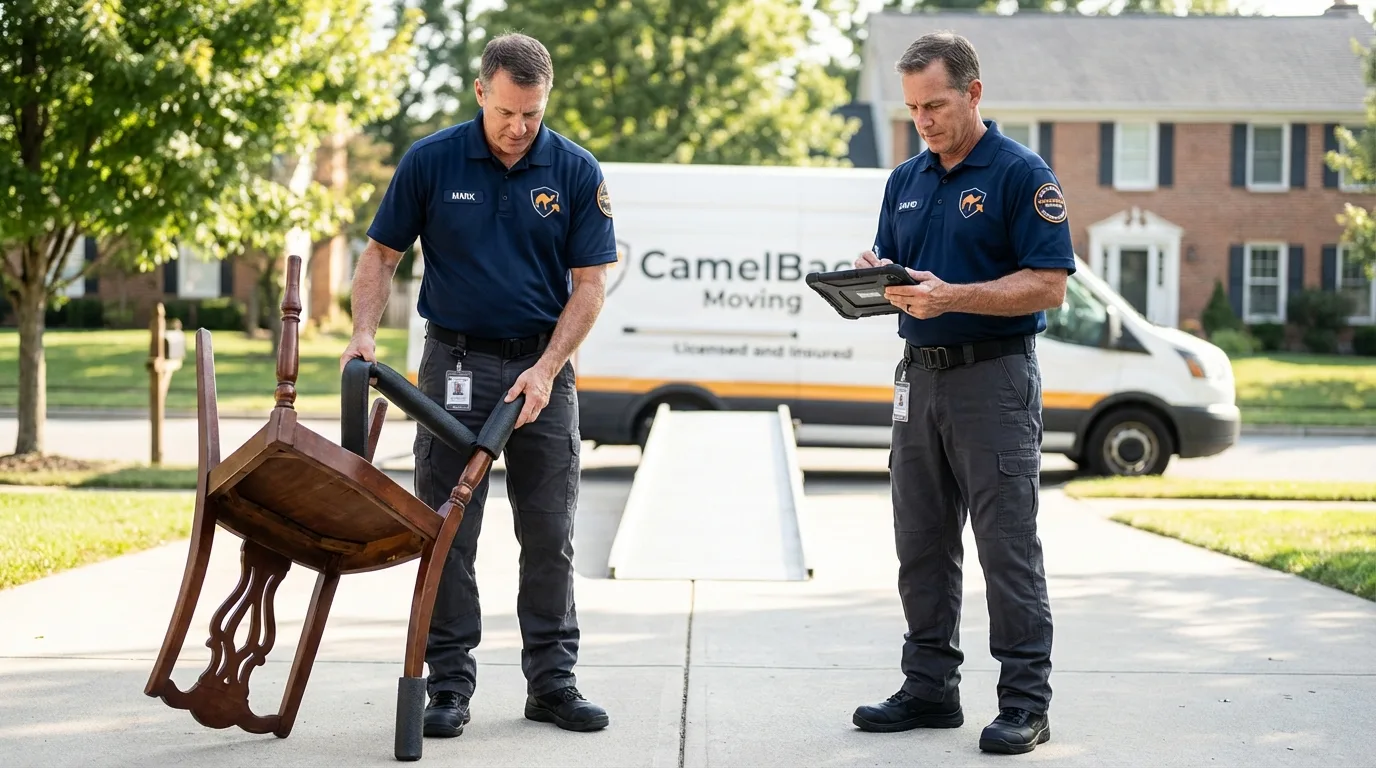 Movers inspecting furniture for damage prevention before loading in Yale, OK